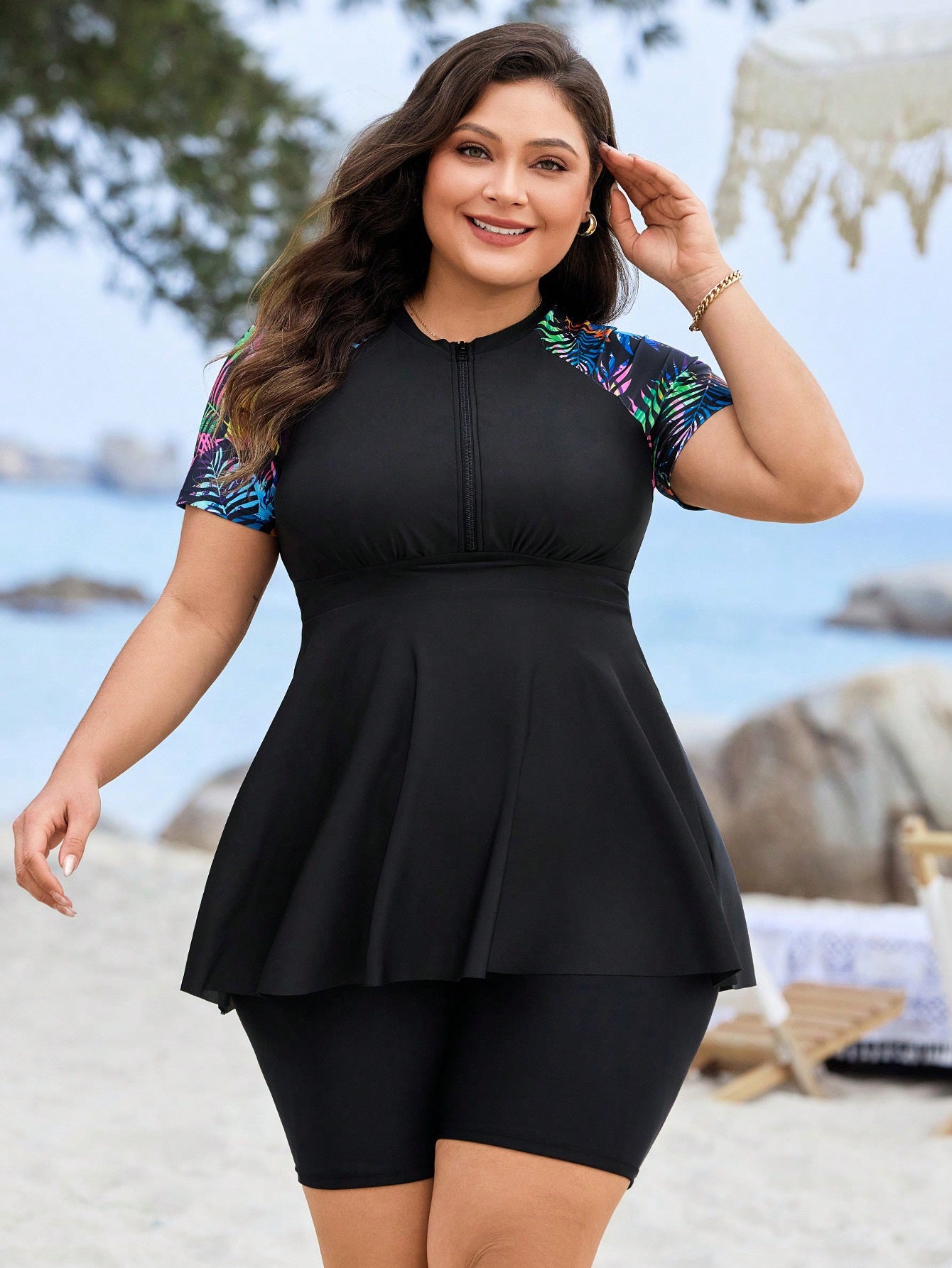 Plus Size Women's Two-Piece Short Sleeve Zip Front Skirted Swimsuit