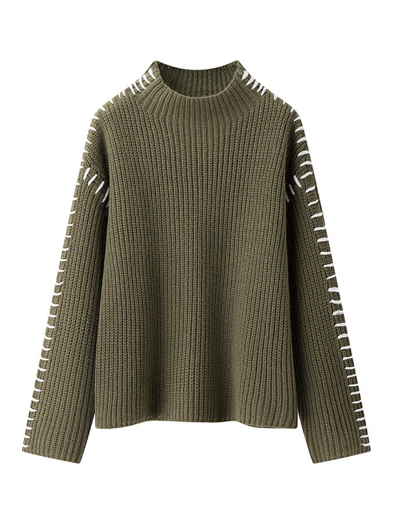 Women's Mock Neck Pullover Sweater, Long Sleeve Casual Knit Jumper with Contrast Stitching Detail