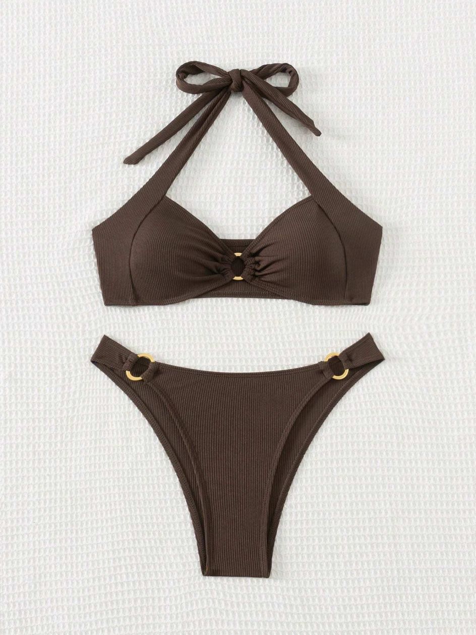 Solid color split hollow metal ring beach bikini