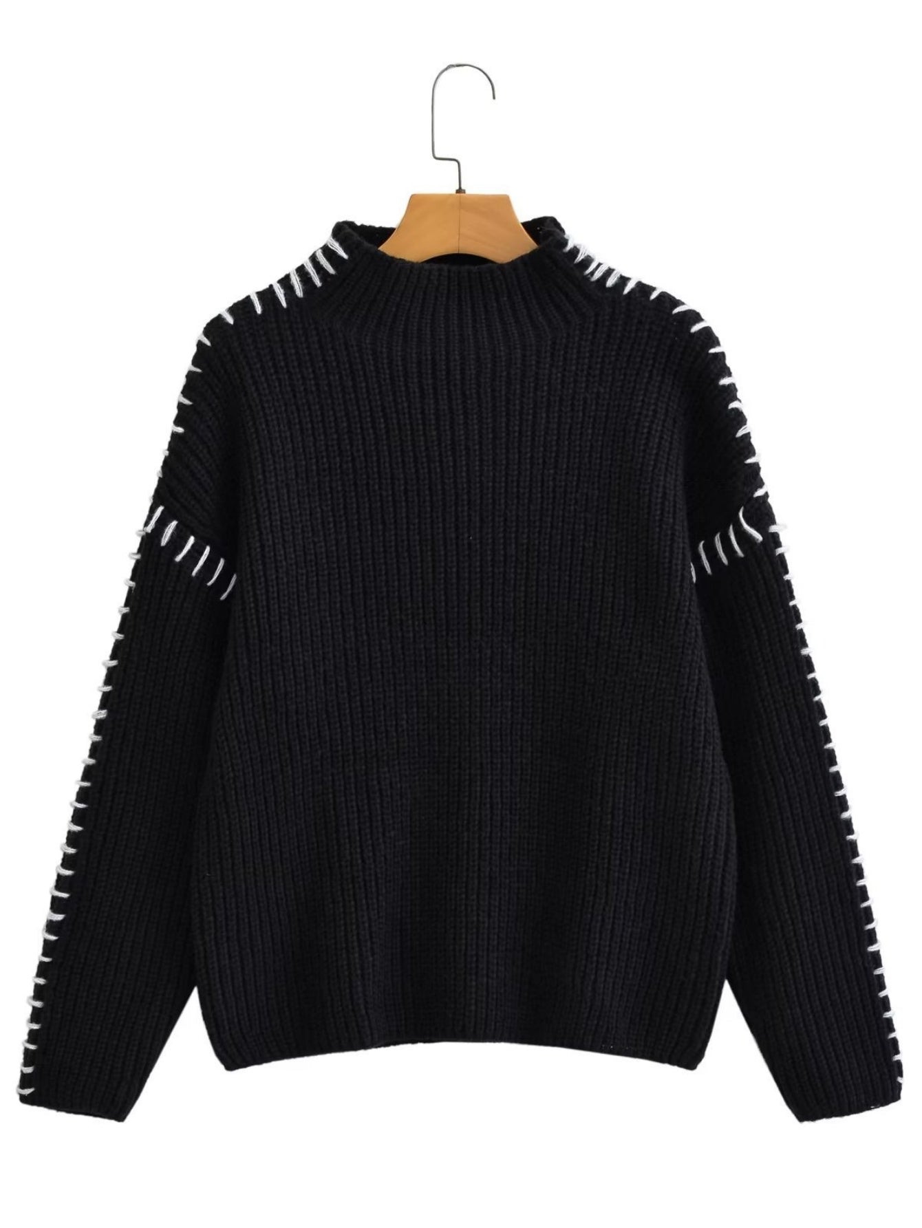 Women's Mock Neck Pullover Sweater, Long Sleeve Casual Knit Jumper with Contrast Stitching Detail