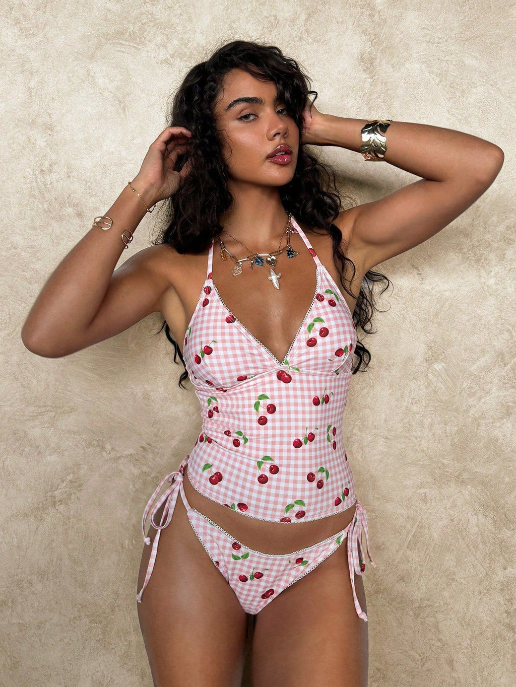 Sweet Cherry Grid Print Bikini Set For Summer Beach Vacation