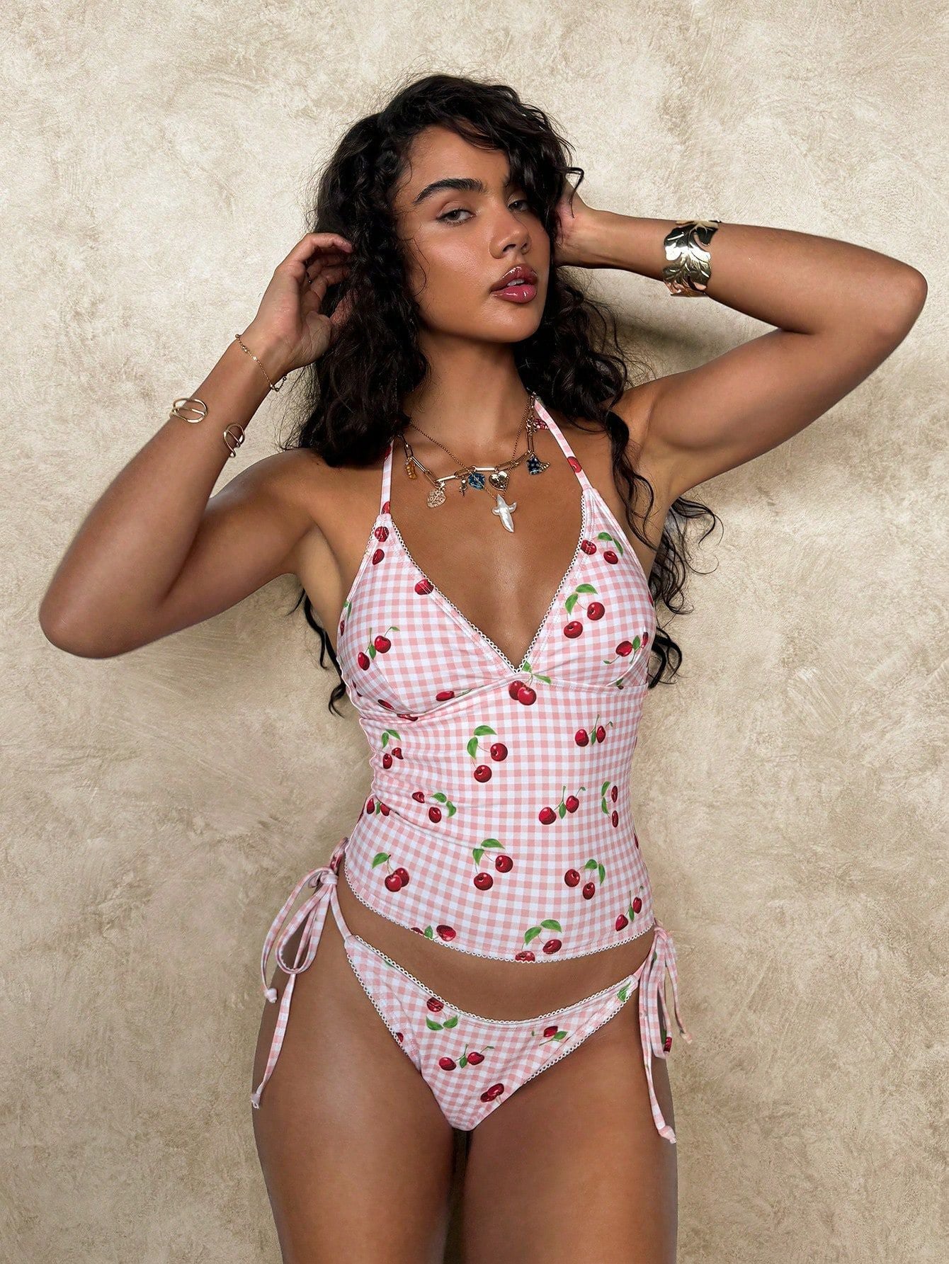 Sweet Cherry Grid Print Bikini Set For Summer Beach Vacation