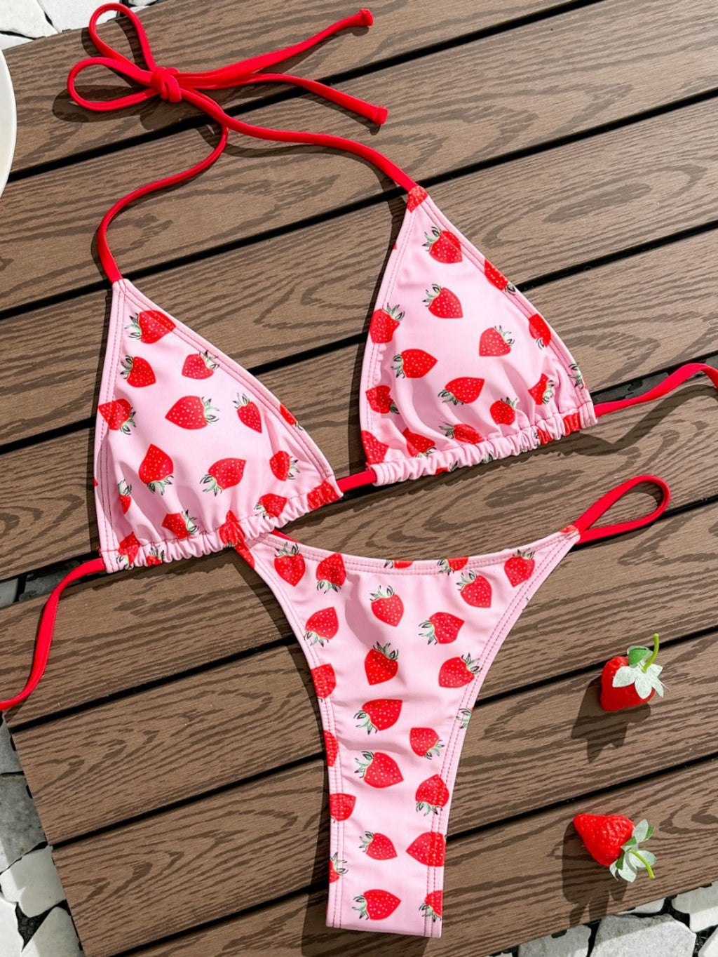 Strawberry Print String Triangle Bikini Set Swimsuit for Women