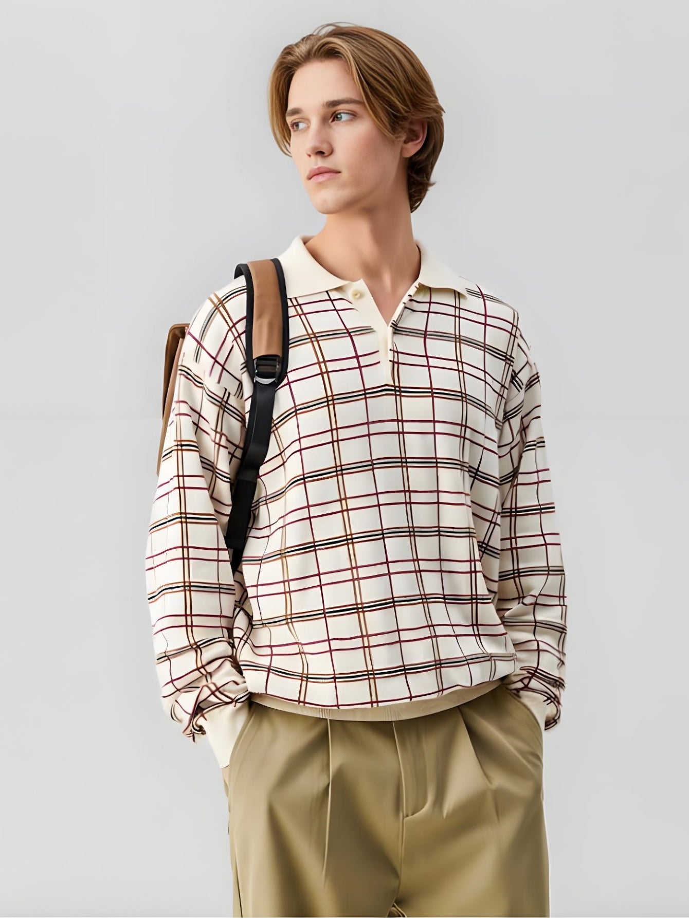 Men’s Beige Plaid Knit Sweater – Retro Checkered Long-Sleeve Pullover