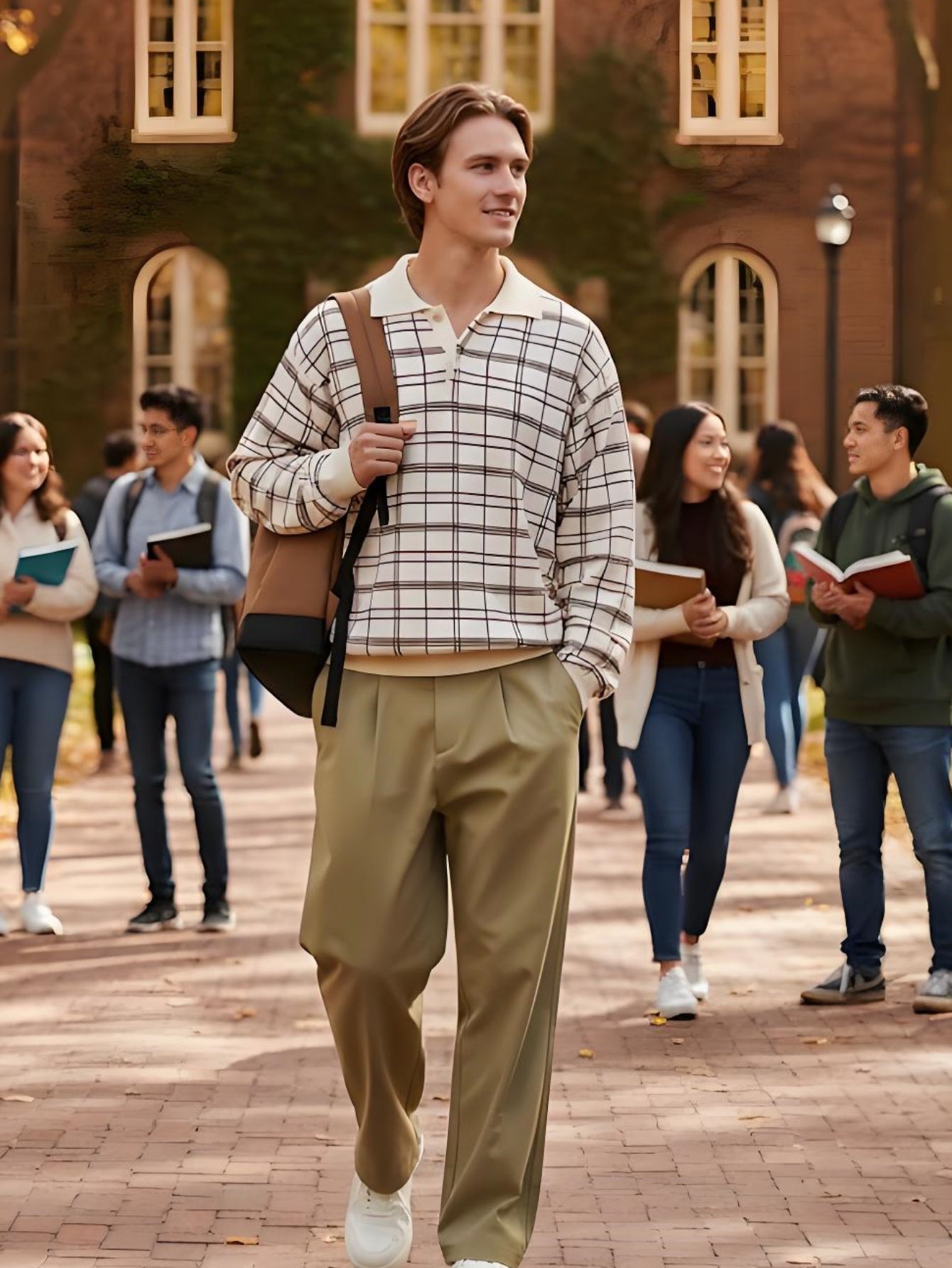 Men’s Beige Plaid Knit Sweater – Retro Checkered Long-Sleeve Pullover