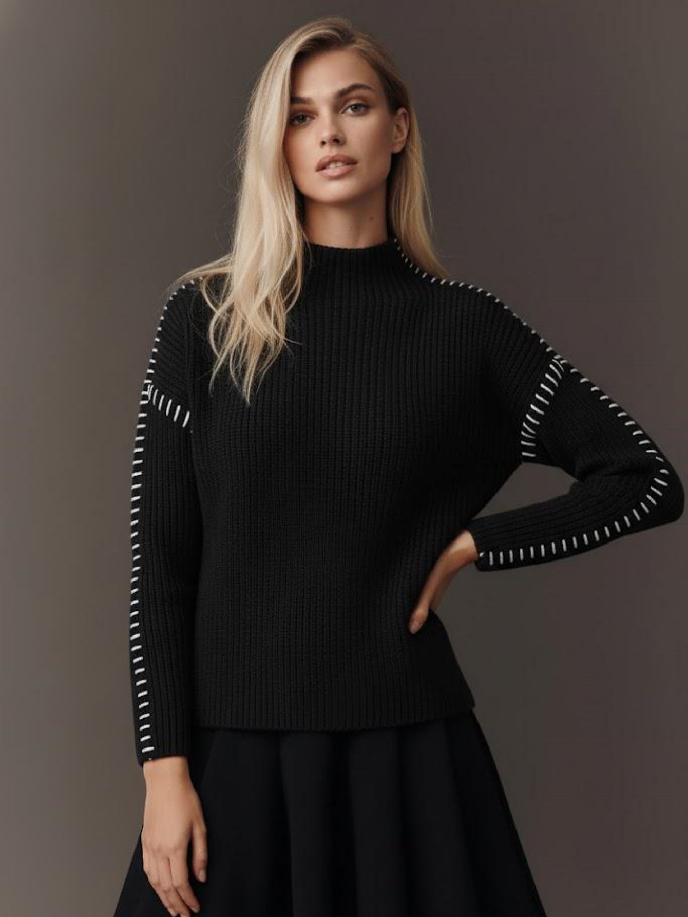 Women's Mock Neck Pullover Sweater, Long Sleeve Casual Knit Jumper with Contrast Stitching Detail