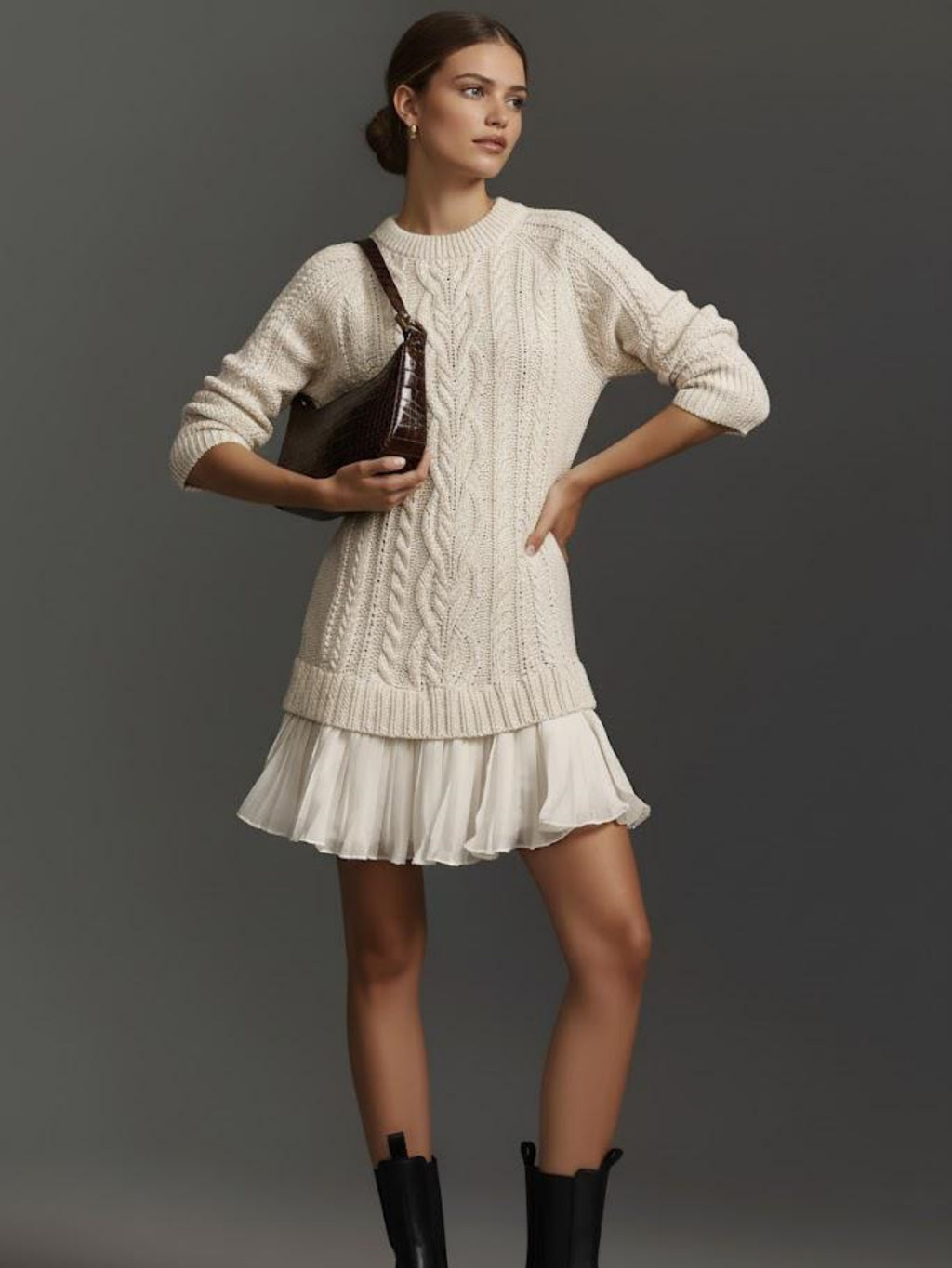 Cable Knit Sweater Mini Dress Pleated Hem Layered Look Women's Casual Autumn Knitwear