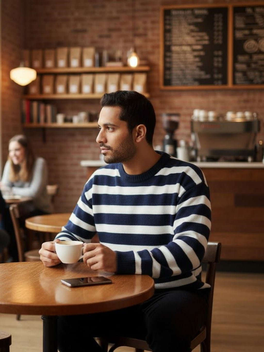 Men’s Navy and White Striped Knit Sweater – Casual Crewneck Pullover