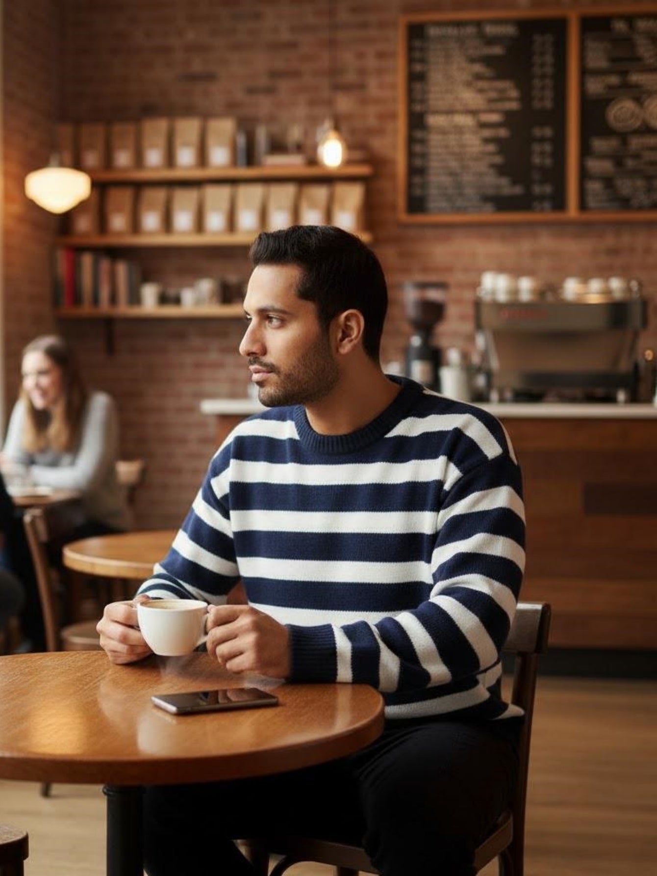 Men’s Navy and White Striped Knit Sweater – Casual Crewneck Pullover