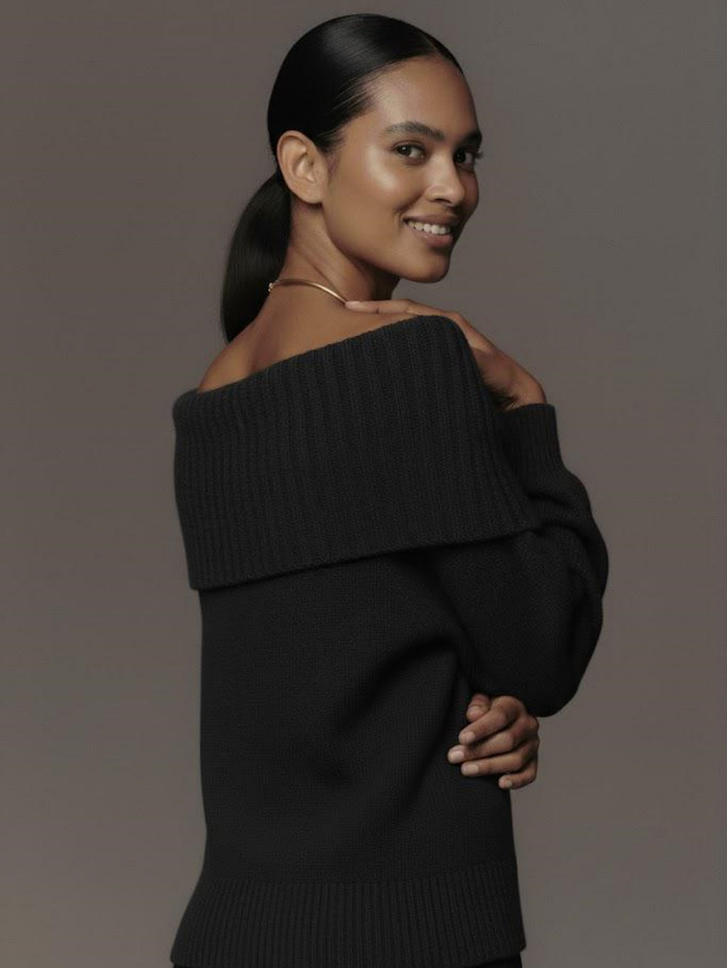 Women's Off Shoulder Knit Sweater Lantern Sleeve Slim Fit Solid Color Versatile Pullover Top