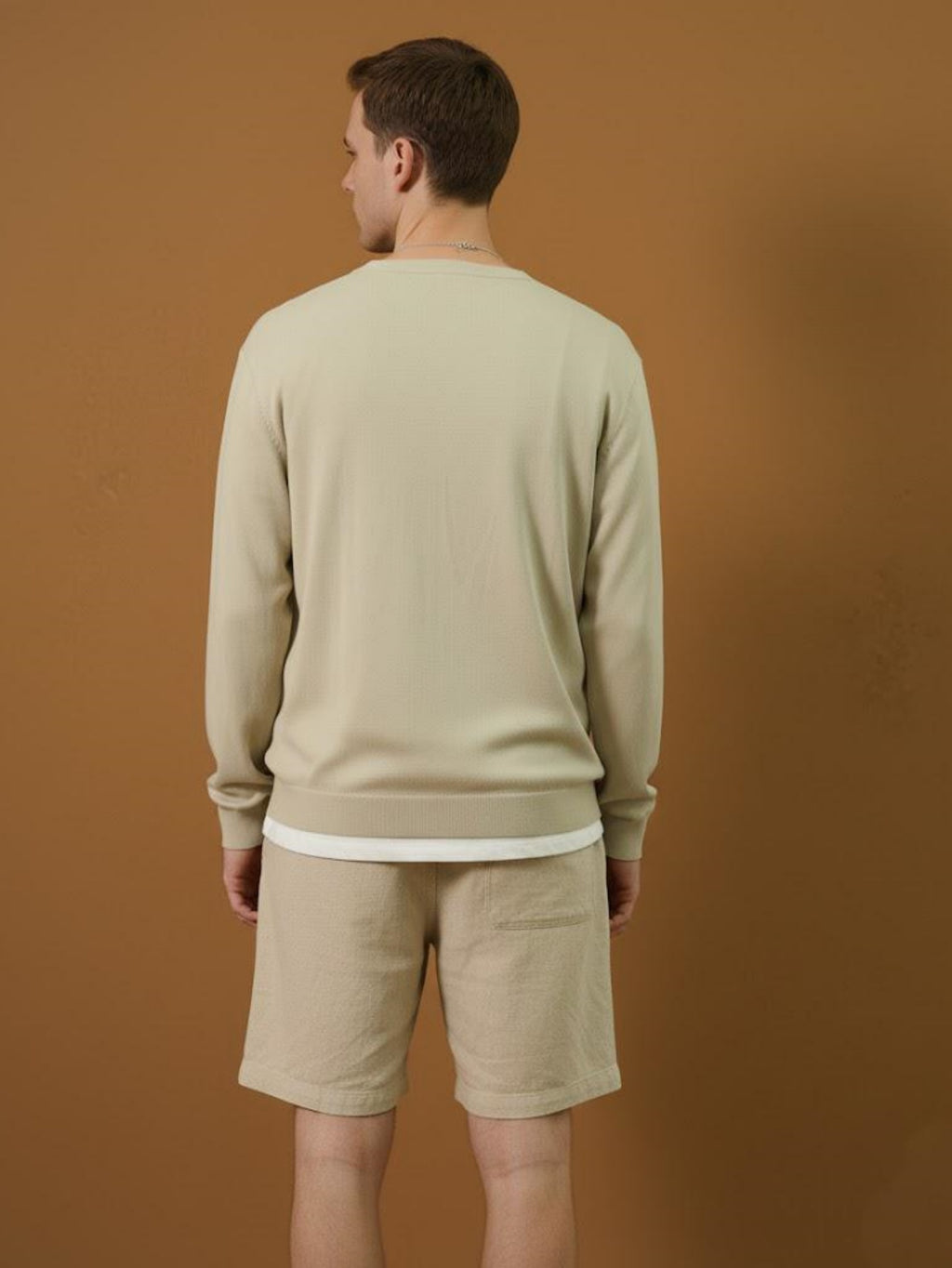 Men’s Light Beige Knit Pullover – Casual Button-Neck Sweater