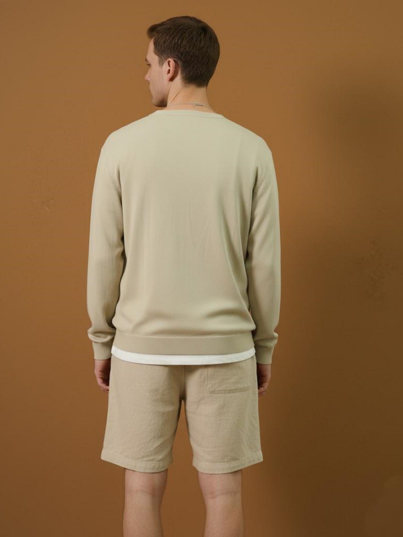 Men’s Light Beige Knit Pullover – Casual Button-Neck Sweater