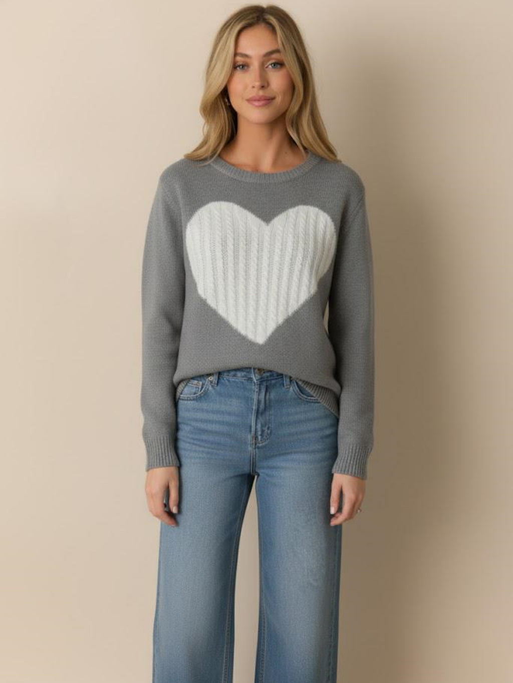 Women's Heart Print Knitted Sweater, Long Sleeve Pullover Jumper