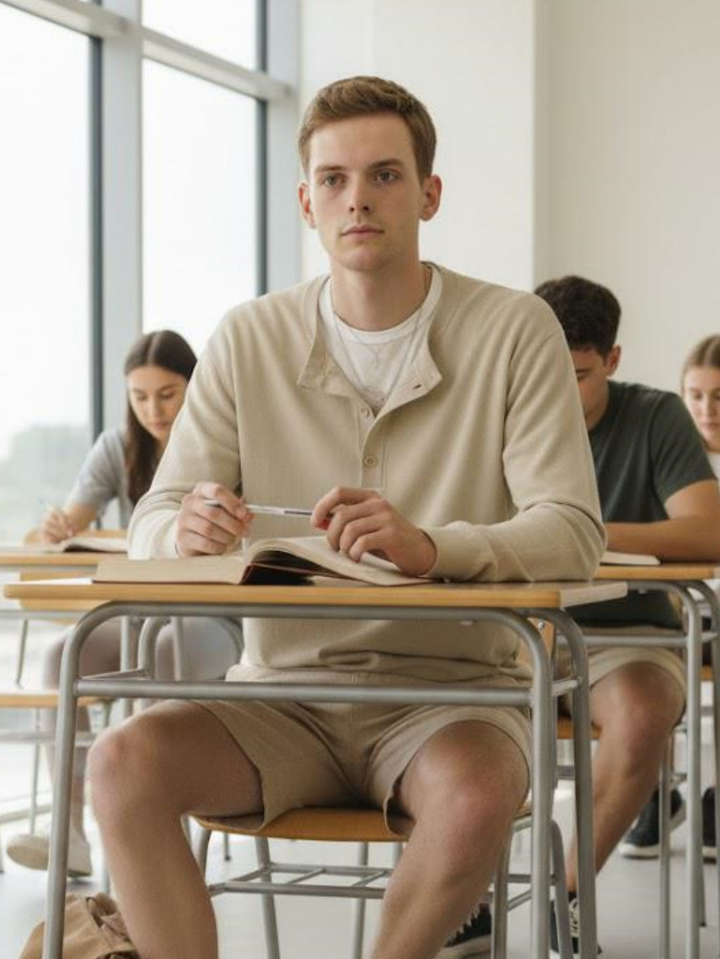 Men’s Light Beige Knit Pullover – Casual Button-Neck Sweater