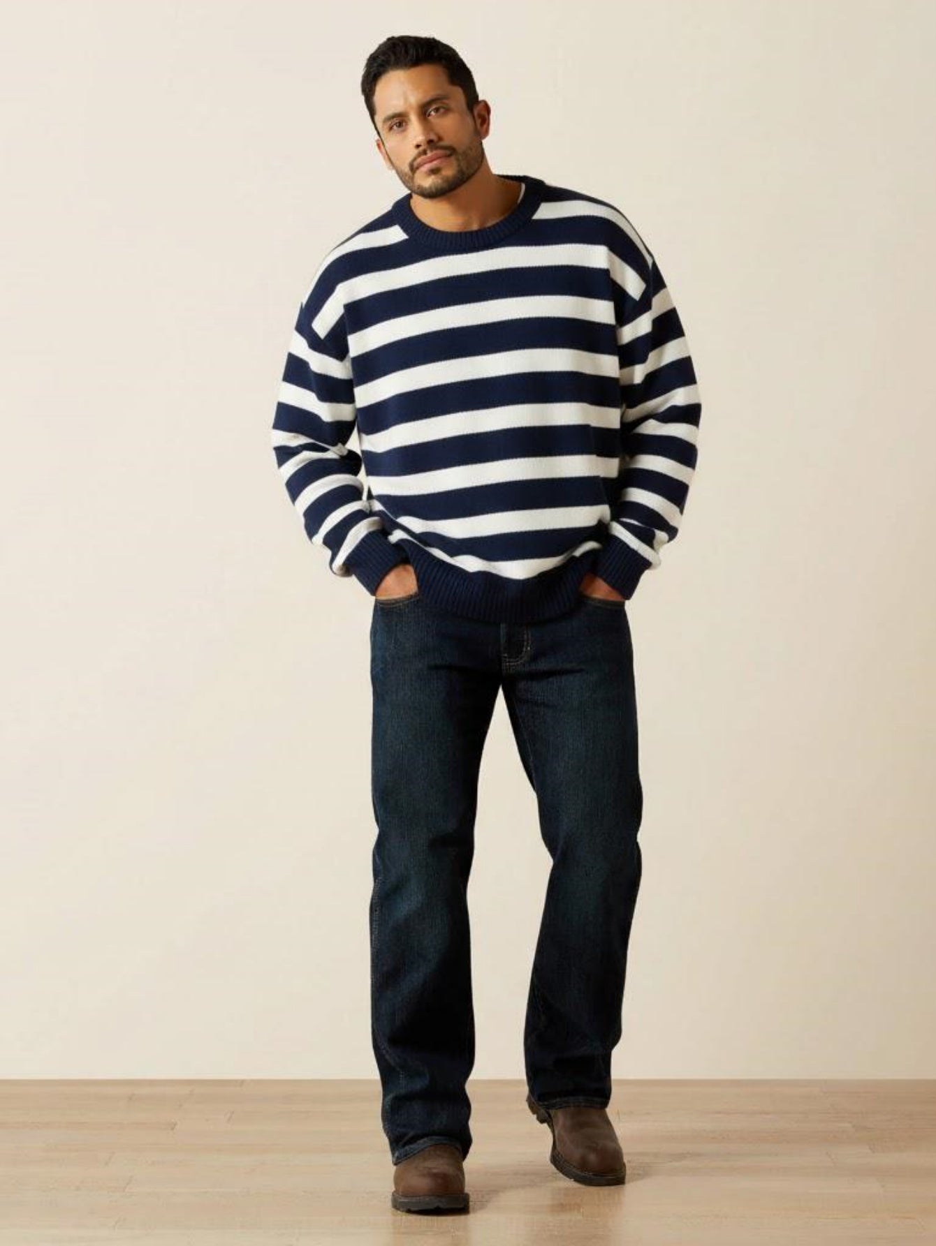 Men’s Navy and White Striped Knit Sweater – Casual Crewneck Pullover