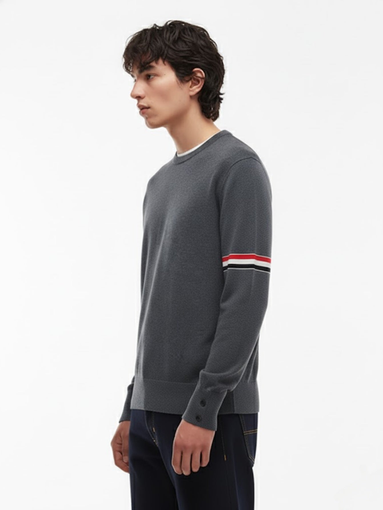 Men’s Wool Crewneck Stripe Trim Sweater – Classic Long-Sleeve Knit Pullover