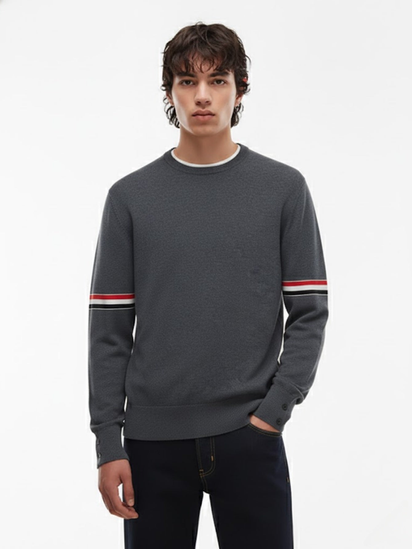 Men’s Wool Crewneck Stripe Trim Sweater – Classic Long-Sleeve Knit Pullover