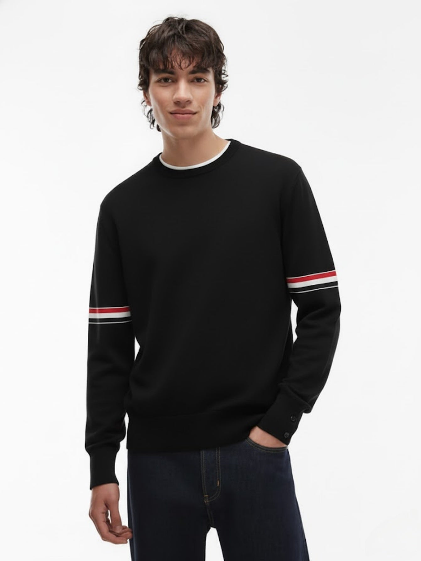 Men’s Wool Crewneck Stripe Trim Sweater – Classic Long-Sleeve Knit Pullover