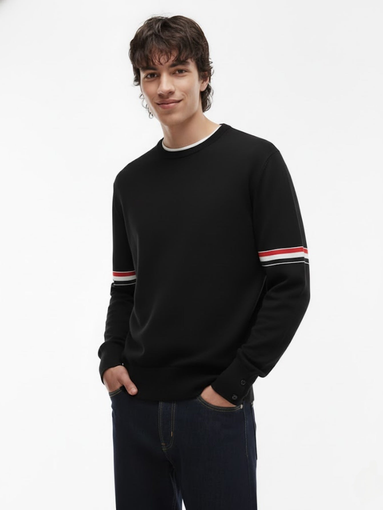 Men’s Wool Crewneck Stripe Trim Sweater – Classic Long-Sleeve Knit Pullover