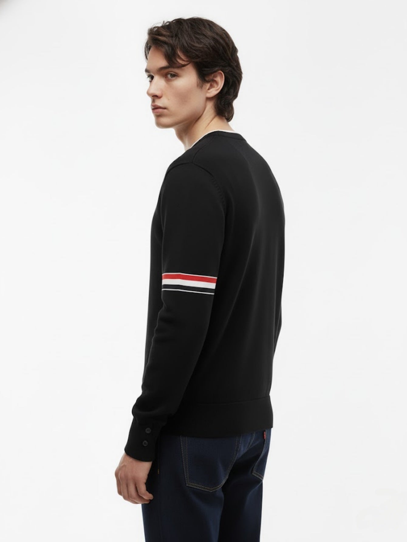 Men’s Wool Crewneck Stripe Trim Sweater – Classic Long-Sleeve Knit Pullover