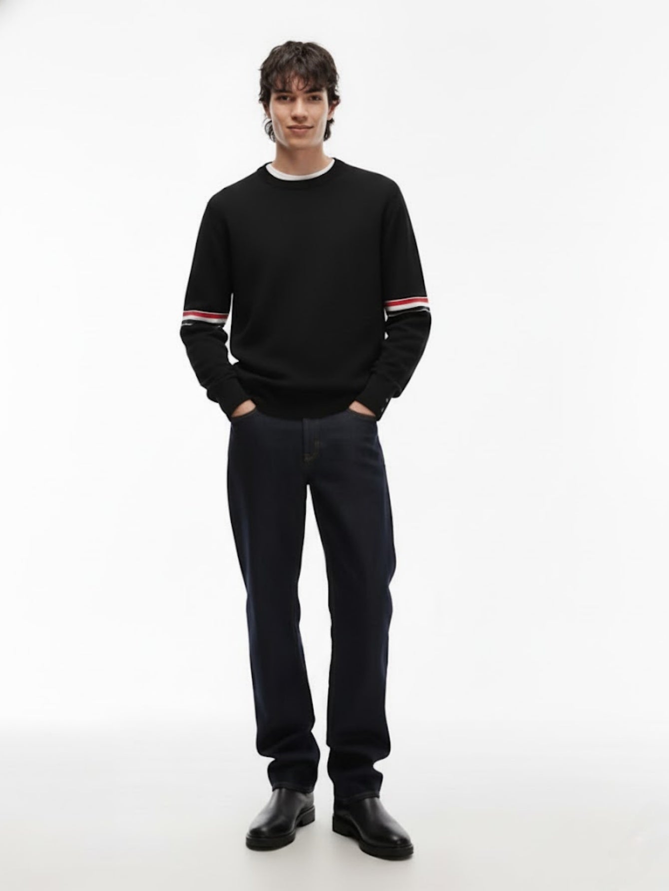 Men’s Wool Crewneck Stripe Trim Sweater – Classic Long-Sleeve Knit Pullover