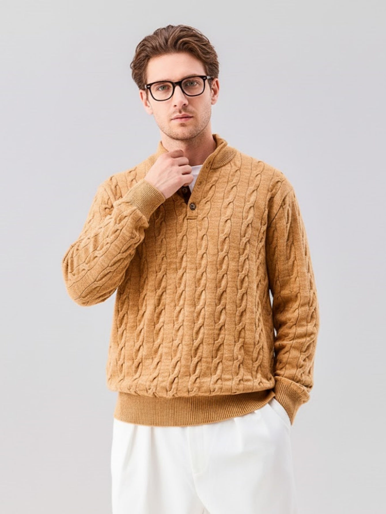 Men’s Button-Up Cable Knit Sweater – Classic Textured Pullover