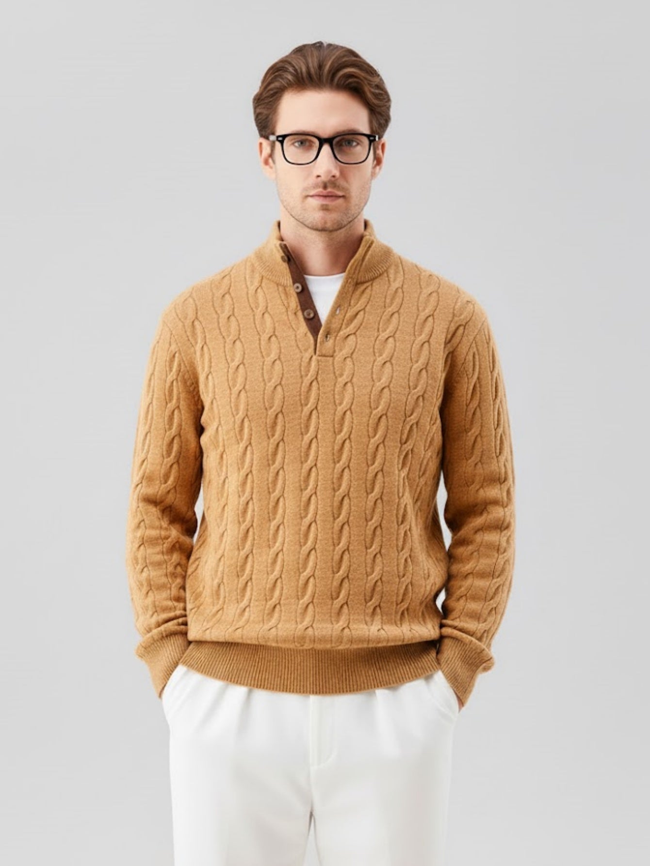 Men’s Button-Up Cable Knit Sweater – Classic Textured Pullover