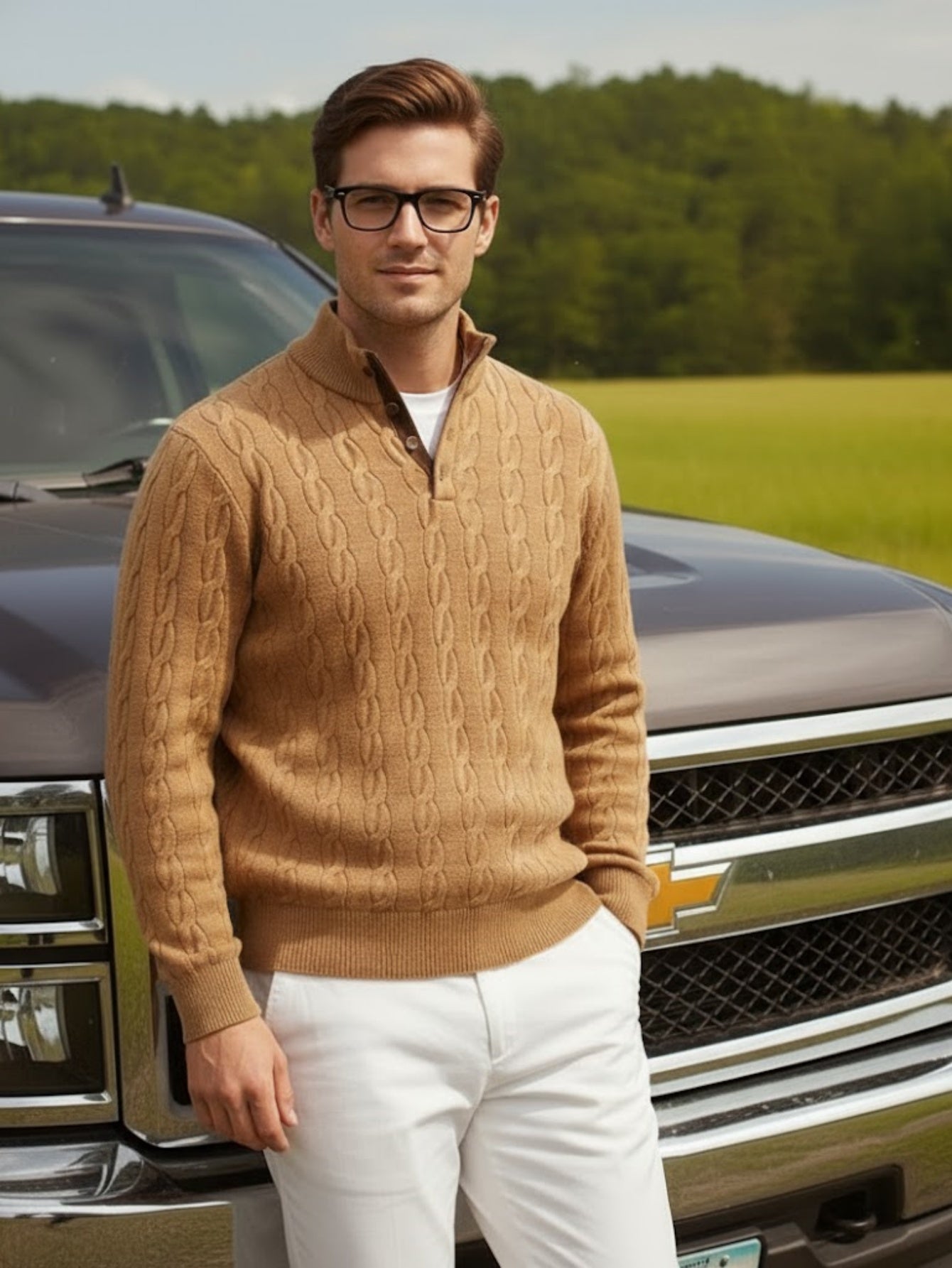 Men’s Button-Up Cable Knit Sweater – Classic Textured Pullover