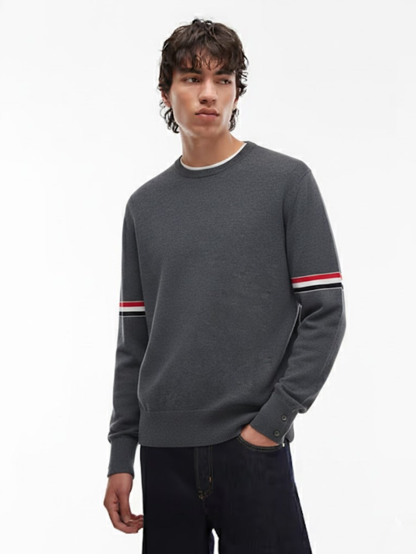 Men’s Wool Crewneck Stripe Trim Sweater – Classic Long-Sleeve Knit Pullover