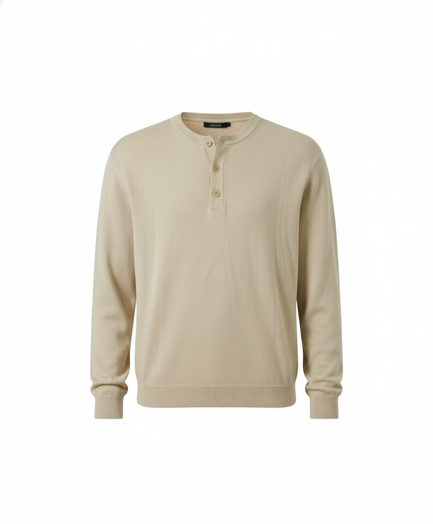 Men’s Light Beige Knit Pullover – Casual Button-Neck Sweater