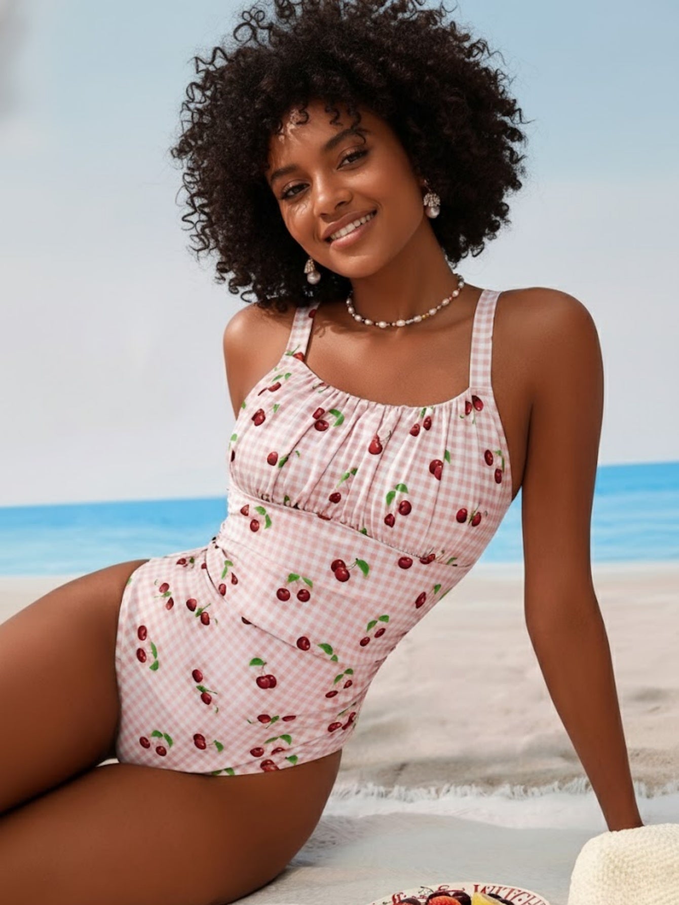 Cute Sweet Cherry Gingham Y2K Halter  Beach Vacation Swimwear