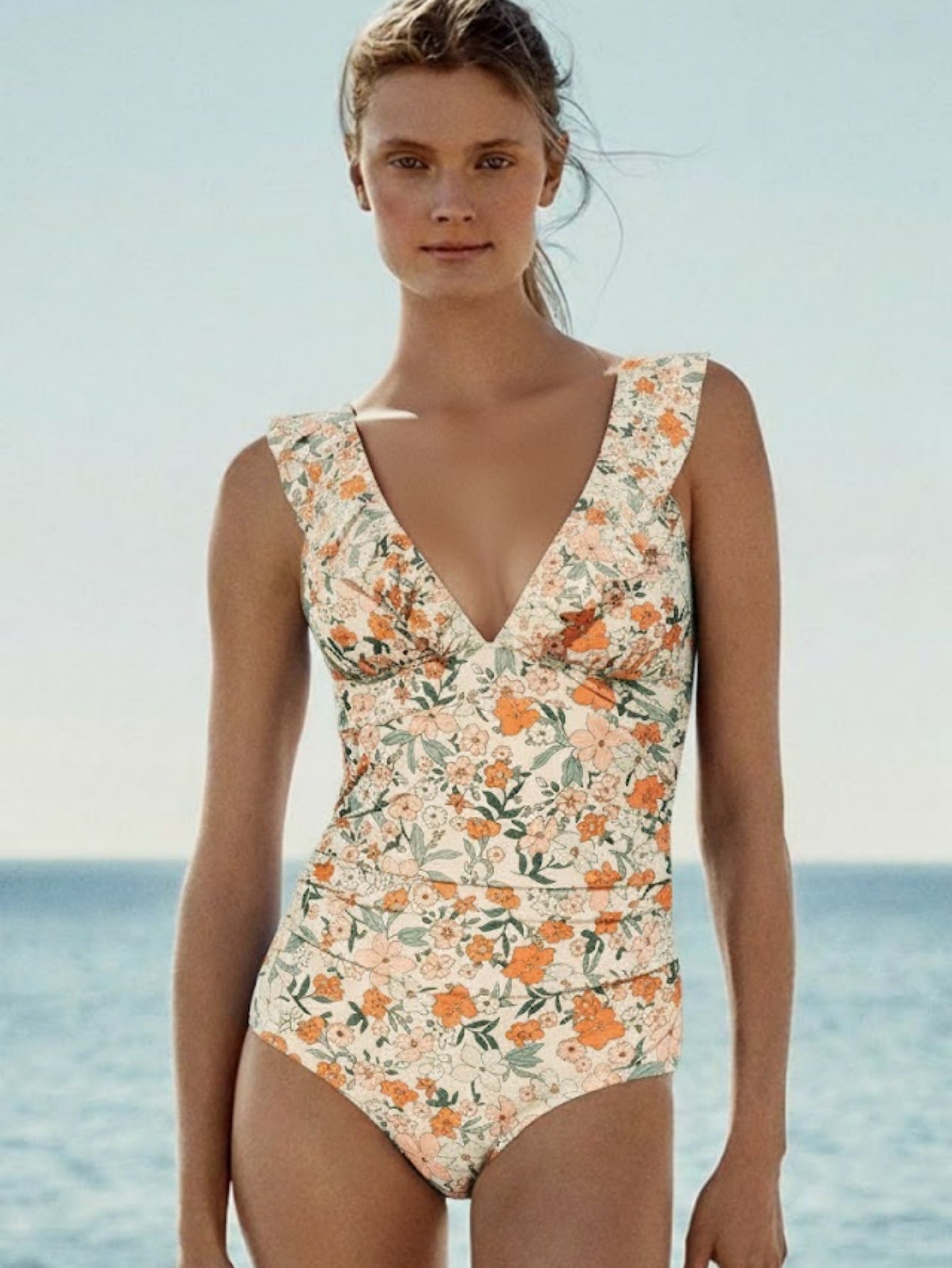 Women's Ruffled One Piece Swimsuit V Neck Lace Up