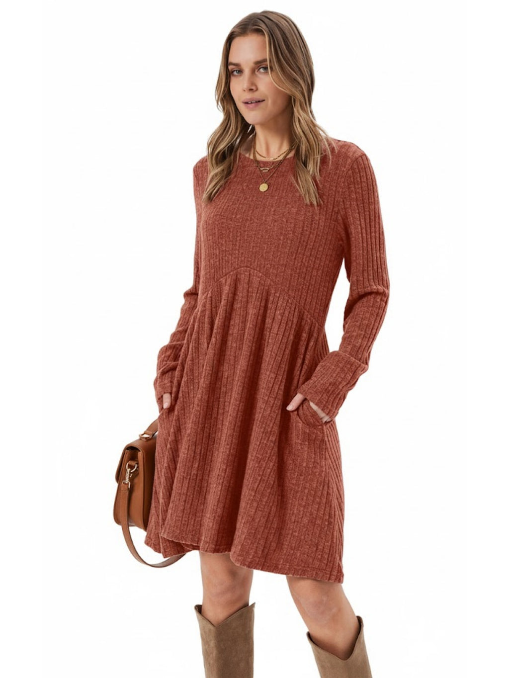Women's Boho Ribbed Knit A-Line Midi Dress, Solid Color Irregular Hem, Long Sleeve Fall Winter Bohemian Swing Dress