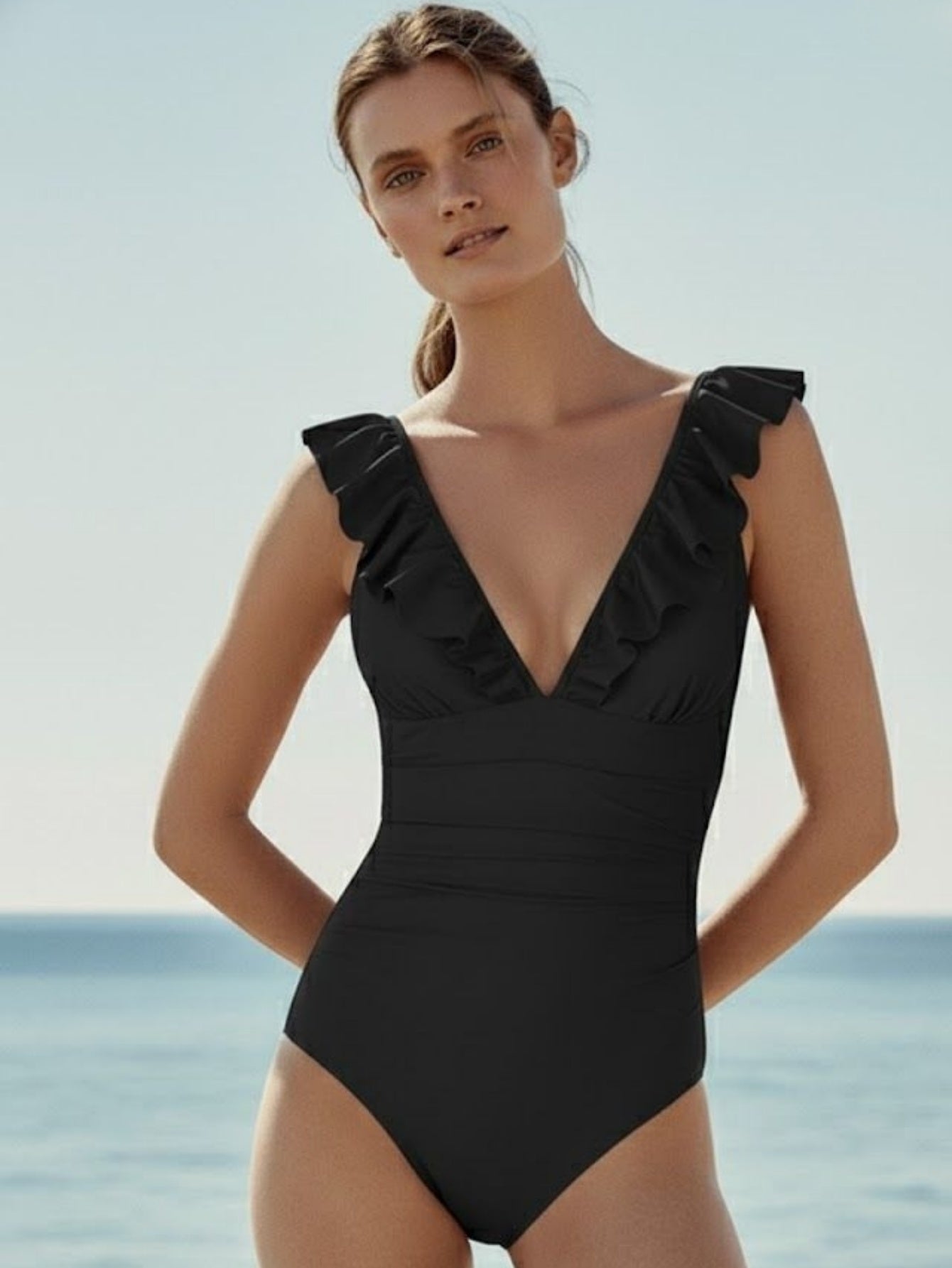 Women's Ruffled One Piece Swimsuit V Neck Lace Up