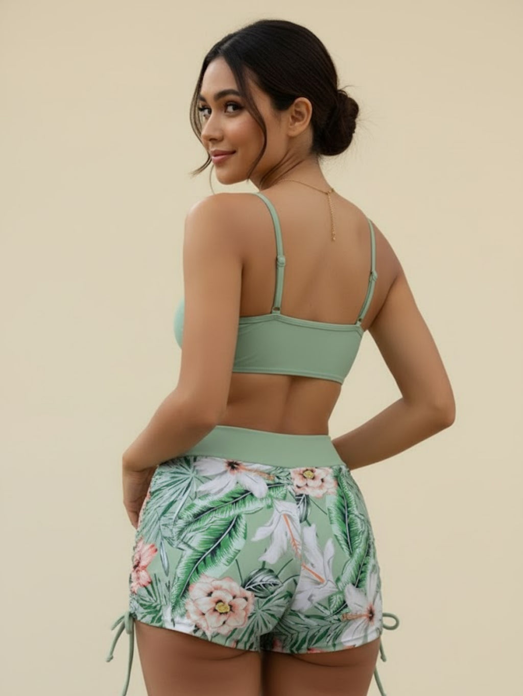 Women's Tropical Bikini Set Drawstring Cami Top High Waisted Swimsuits