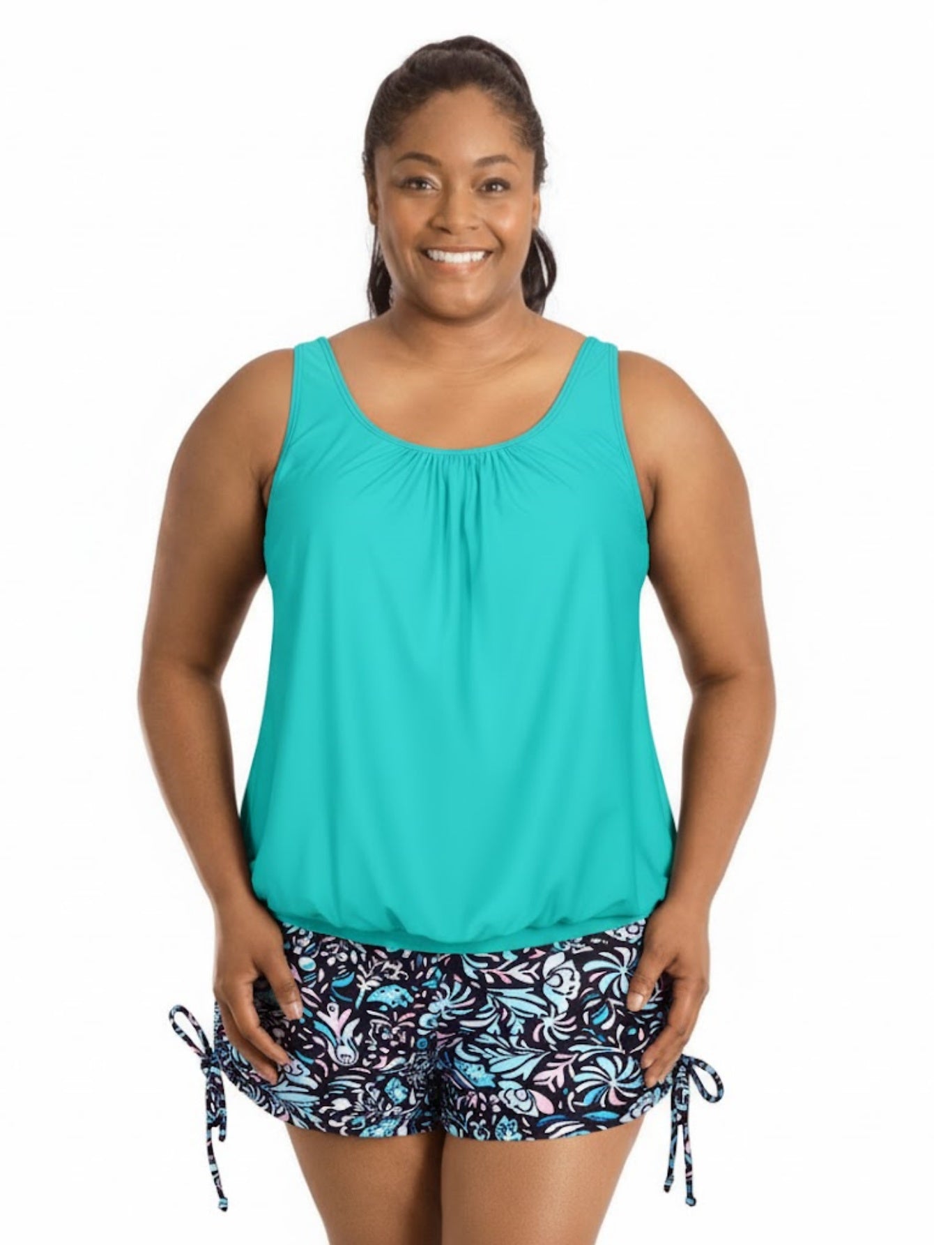 Plus Size Tankini Swimsuits for Women, Ruched Tummy Control Tankini Top with Floral Print Swim Shorts, 2 Piece Modest Bathing Suit