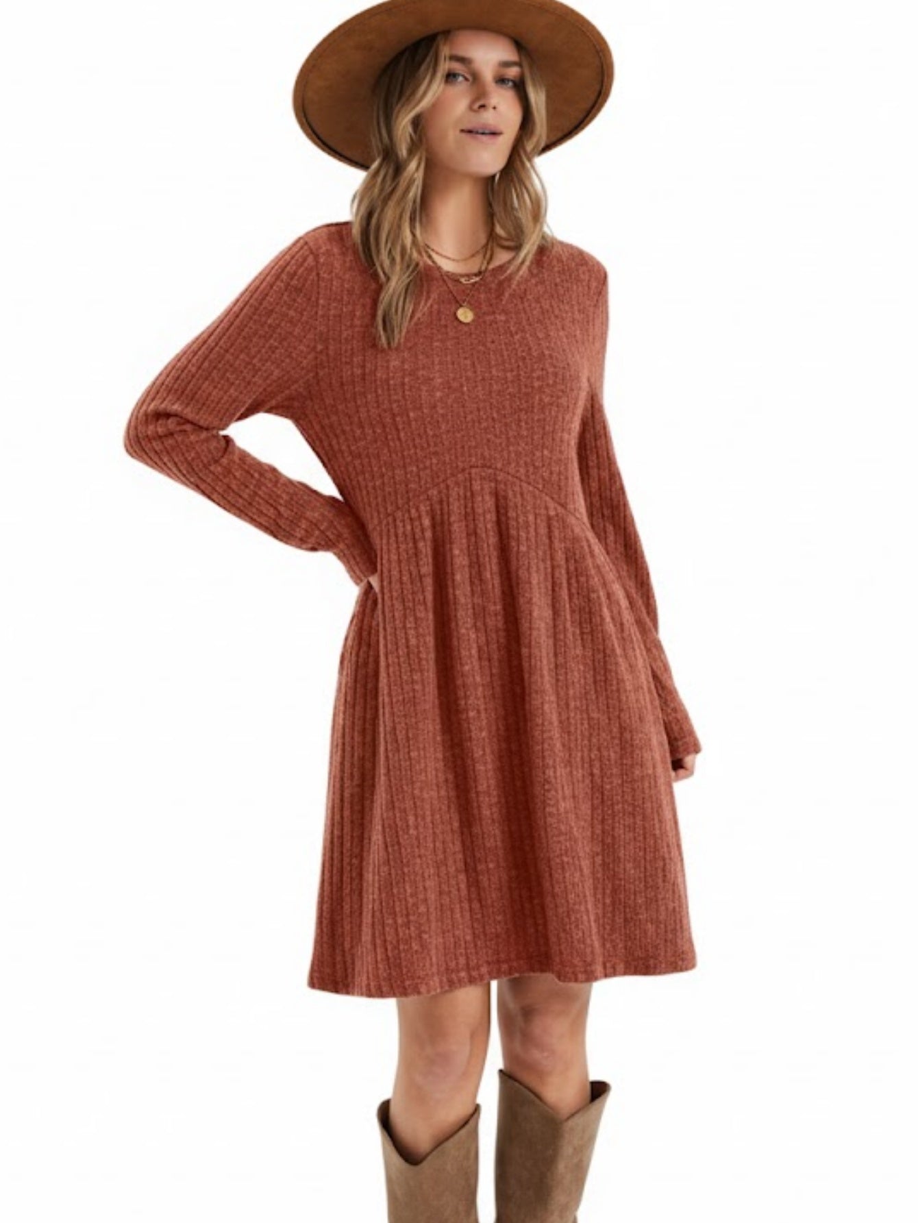 Women's Boho Ribbed Knit A-Line Midi Dress, Solid Color Irregular Hem, Long Sleeve Fall Winter Bohemian Swing Dress