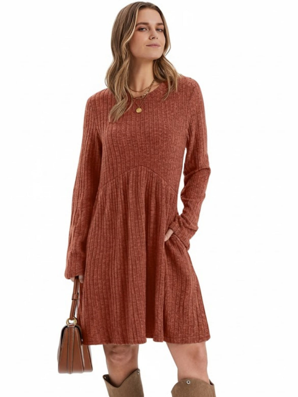 Women's Boho Ribbed Knit A-Line Midi Dress, Solid Color Irregular Hem, Long Sleeve Fall Winter Bohemian Swing Dress